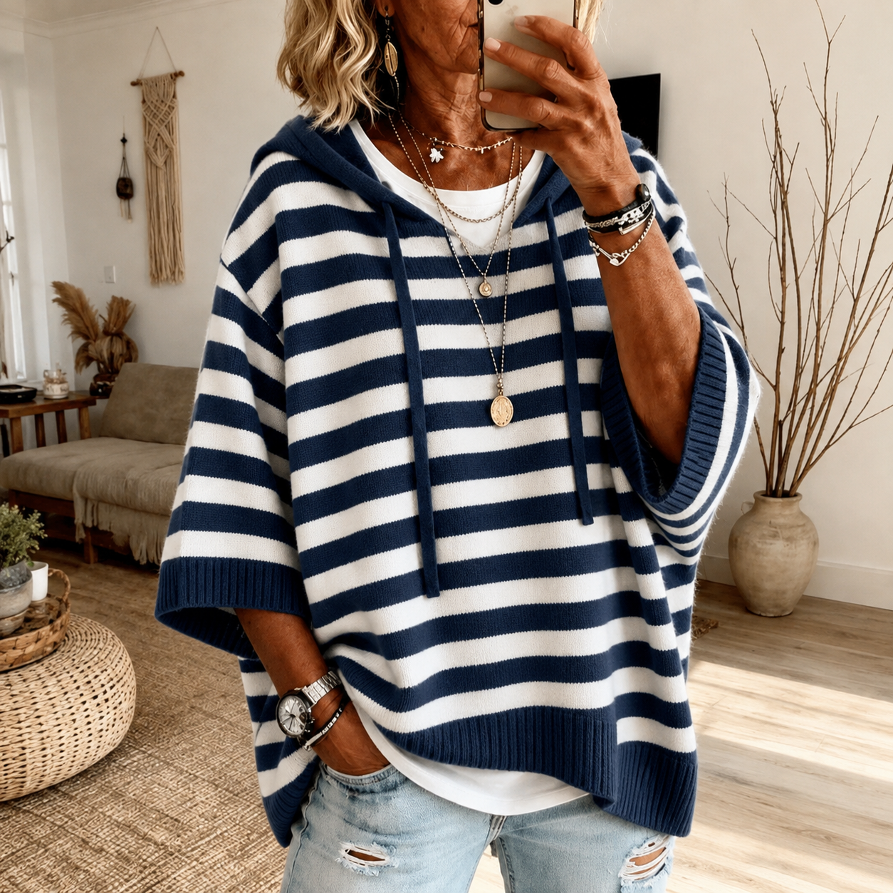Marine | Poncho Maglione Rayé Blu Marino