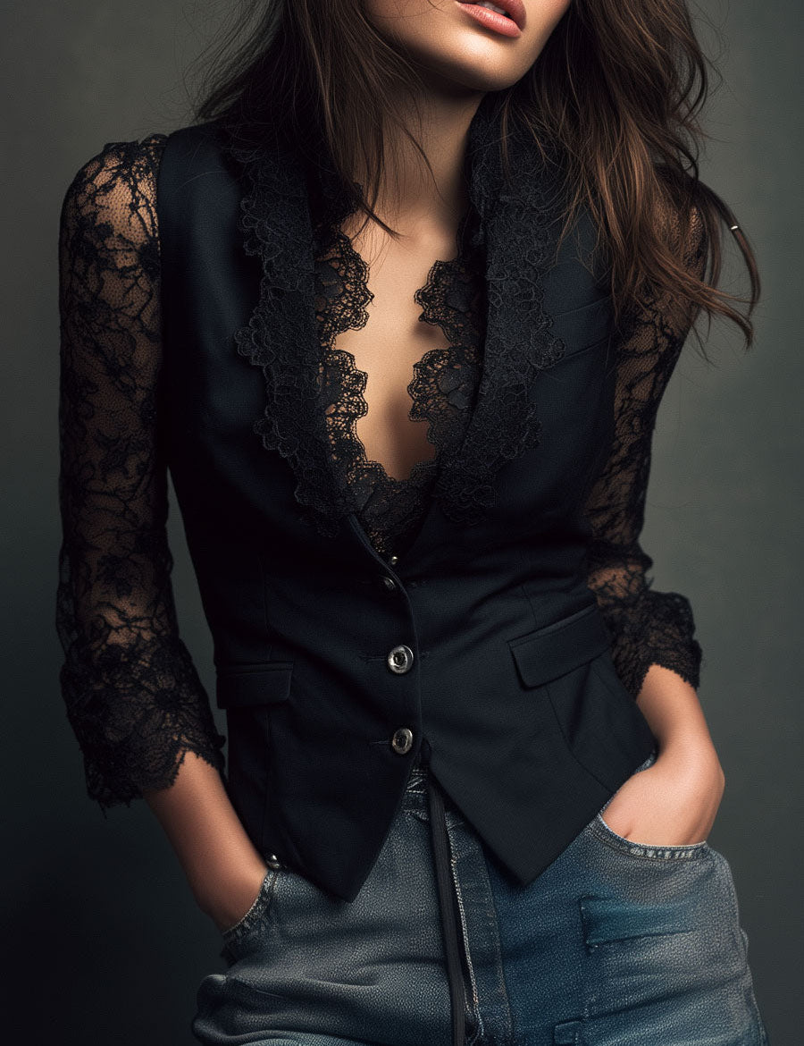 Noémie | Giacca Blazer Nera con Maniche Semi-Trasparenti
