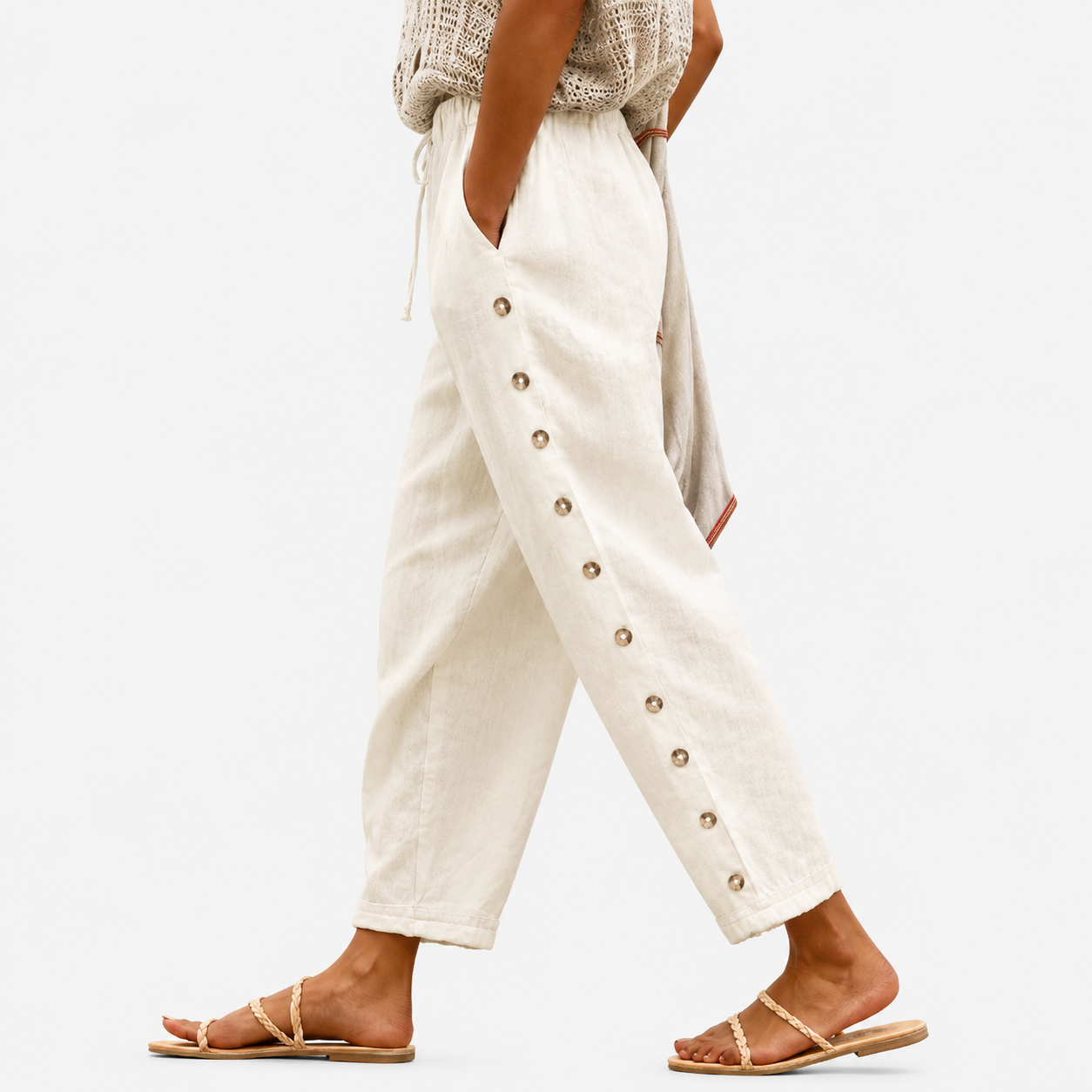 Pantaloni con Bottoni Crema