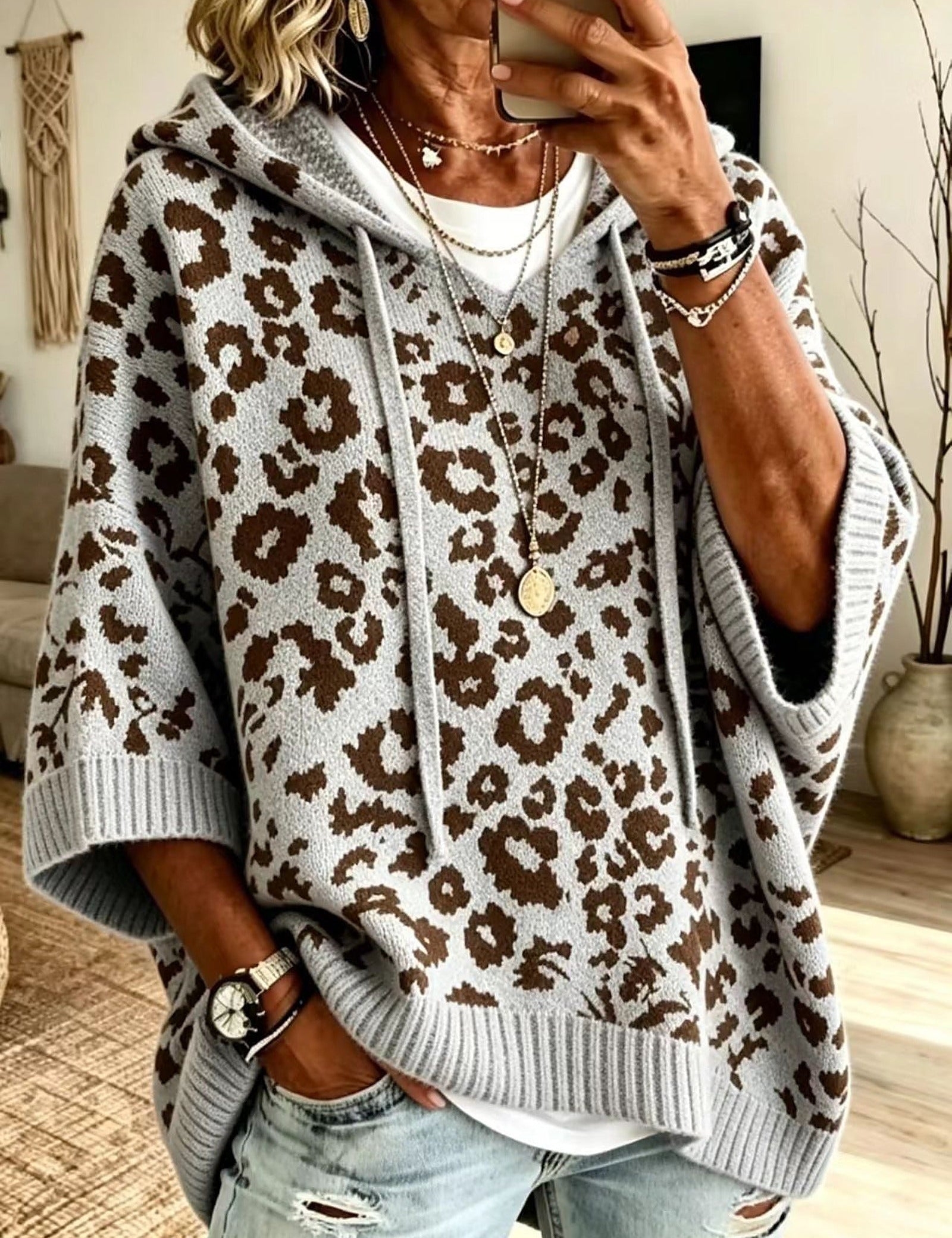 Poncho Maglione a Collo Alto Leopardo