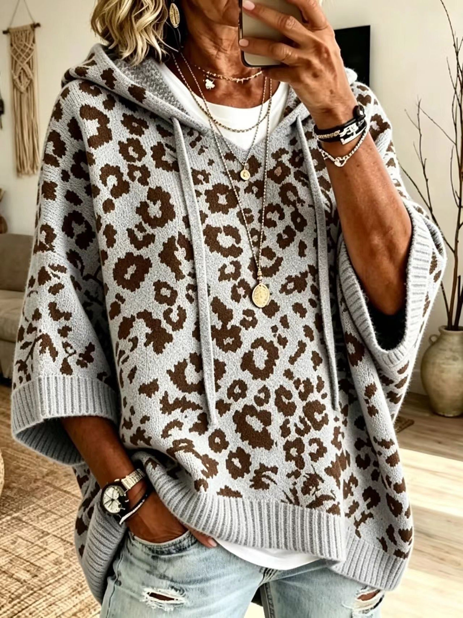 Poncho Maglione a Collo Alto Leopardo