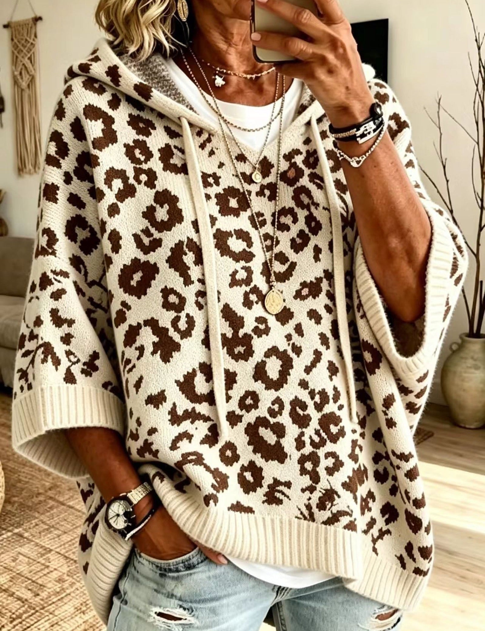 Poncho Maglione a Collo Alto Leopardo