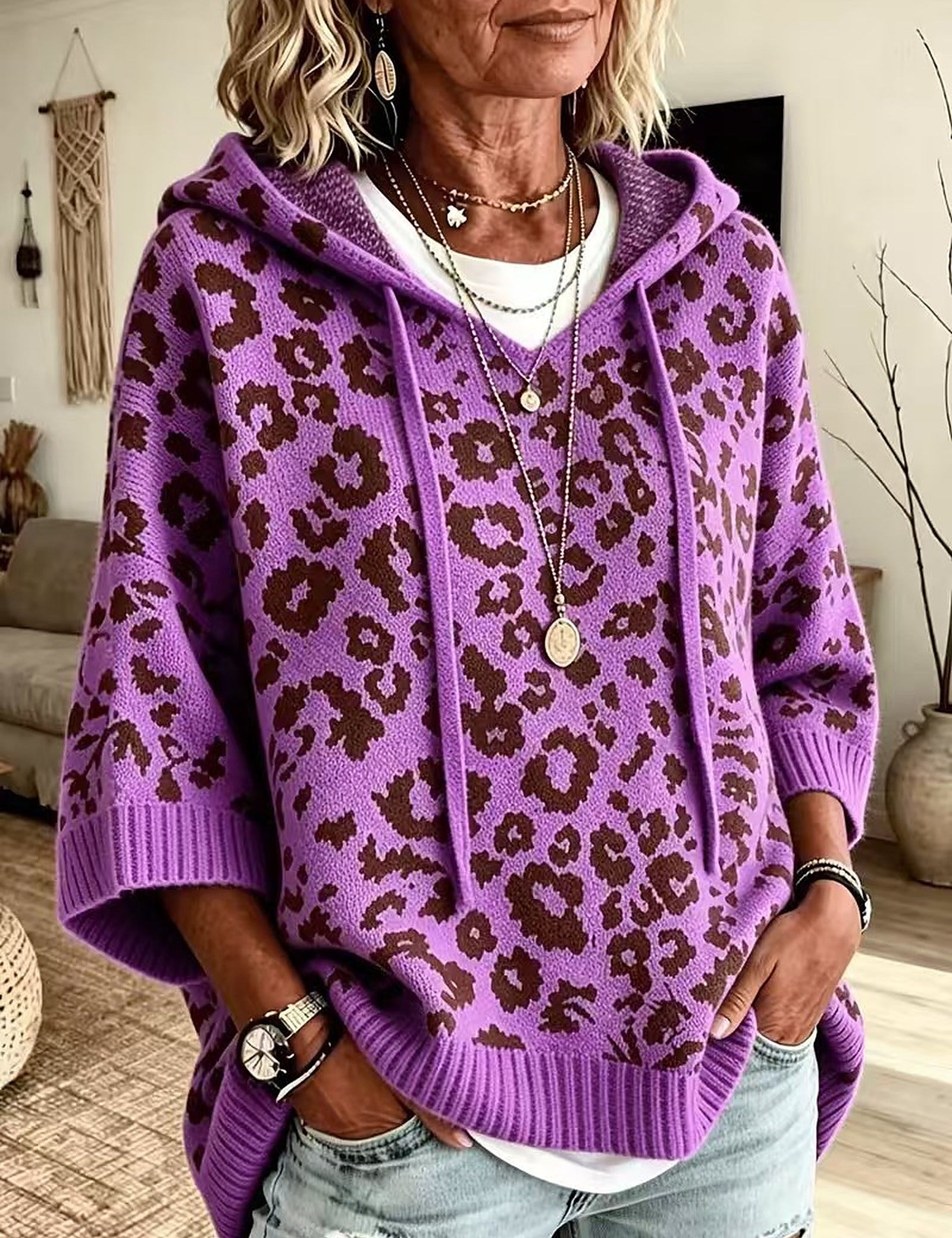 Poncho Maglione a Collo Alto Leopardo