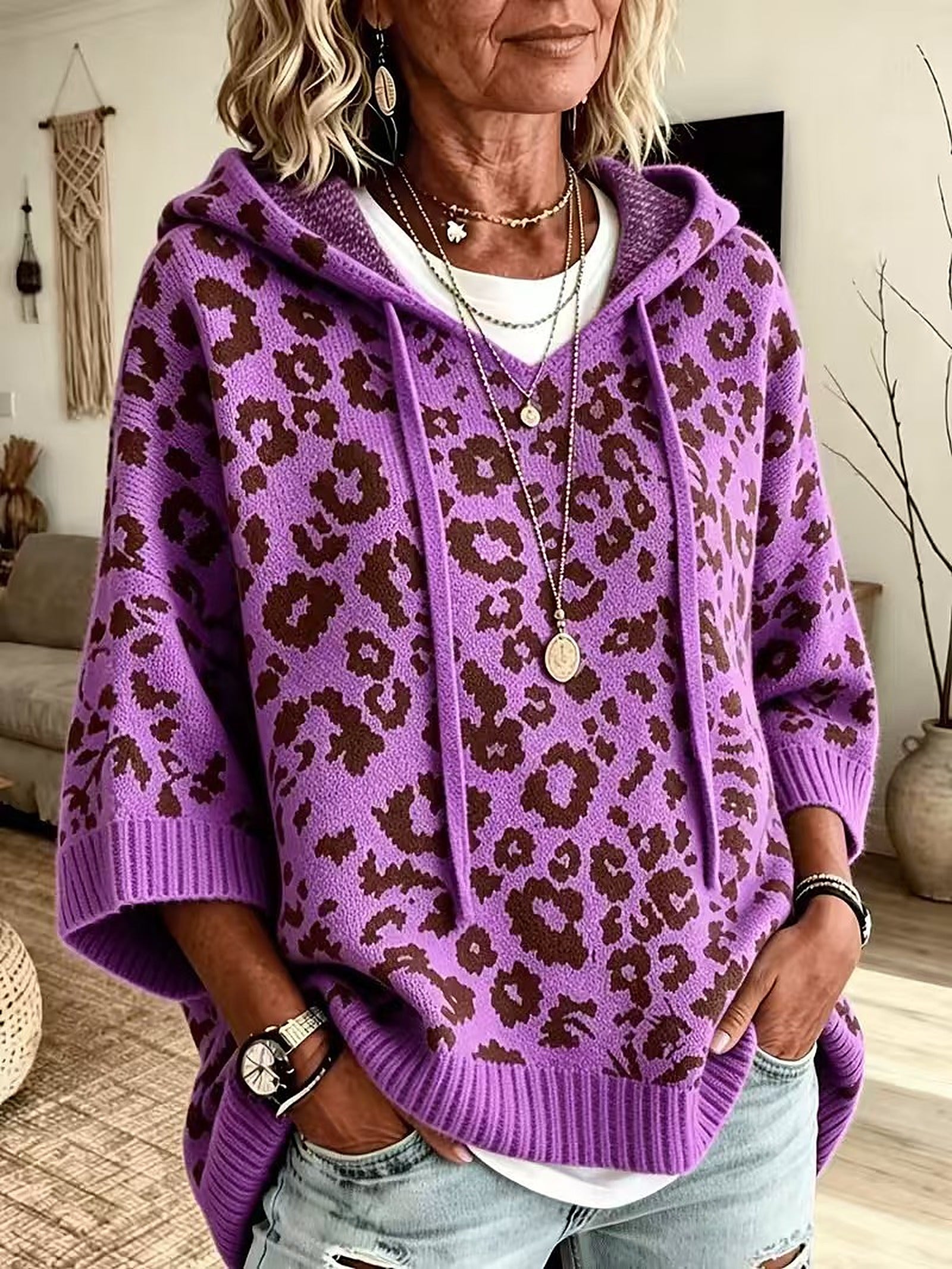 Poncho Maglione a Collo Alto Leopardo