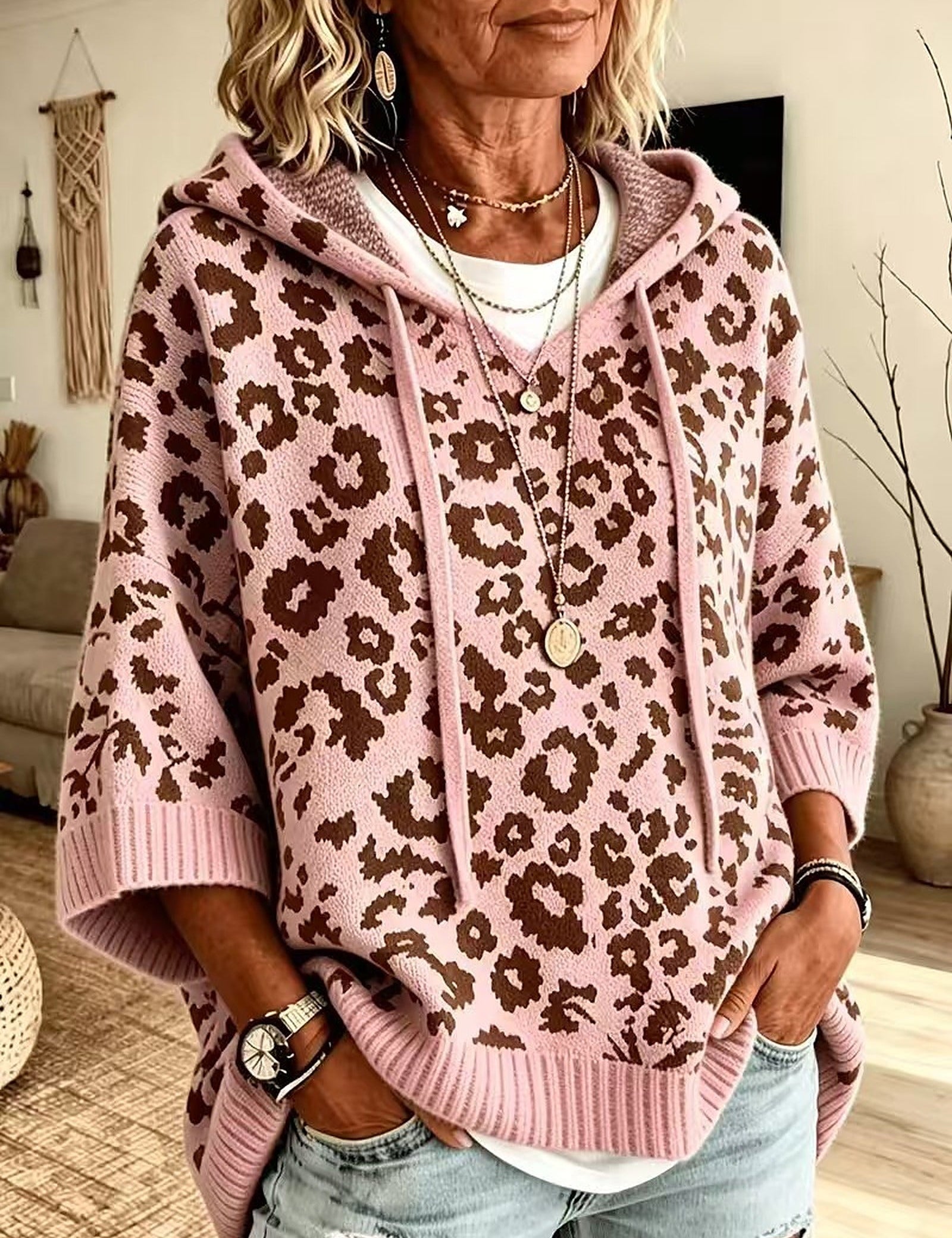 Poncho Maglione a Collo Alto Leopardo