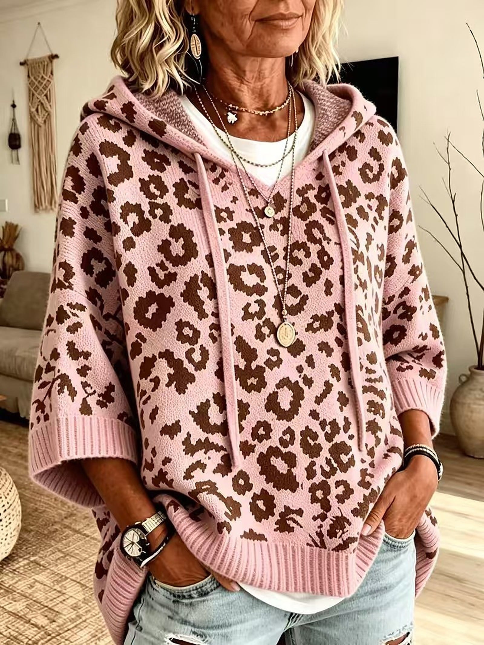 Poncho Maglione a Collo Alto Leopardo