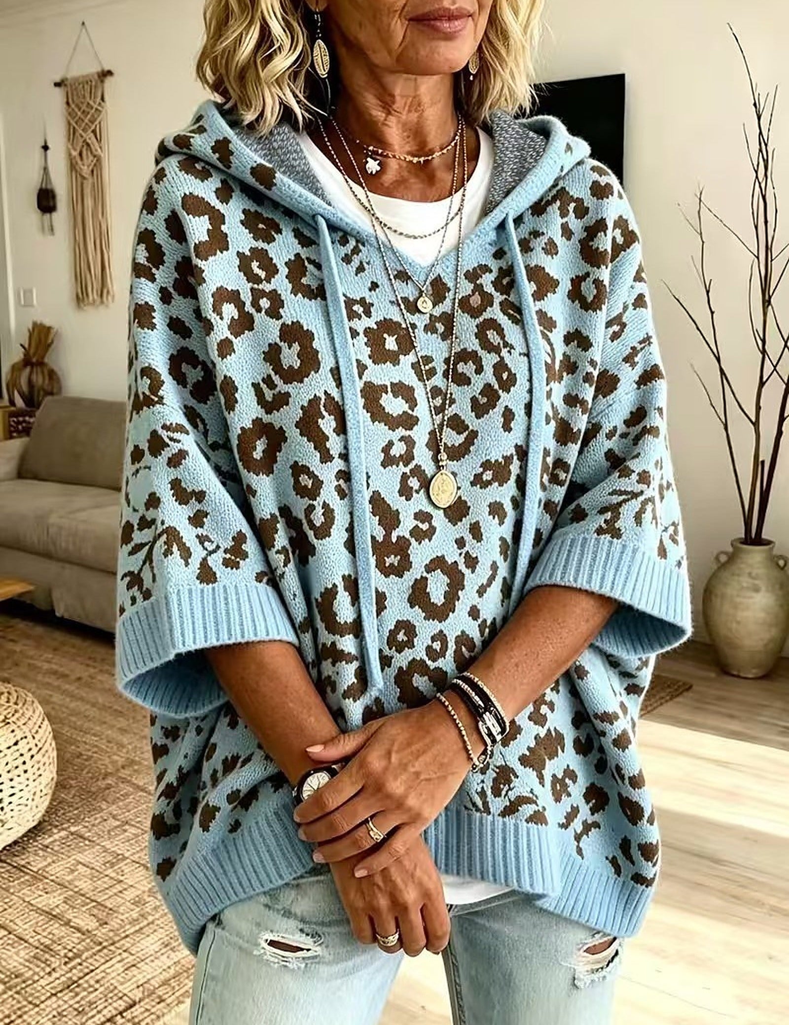 Poncho Maglione a Collo Alto Leopardo