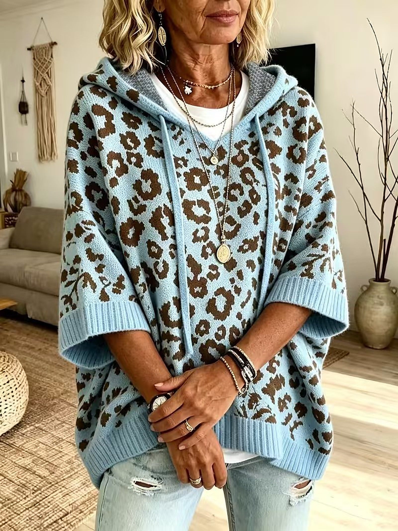 Poncho Maglione a Collo Alto Leopardo